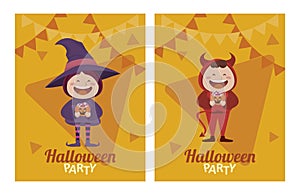 Happy halloween party with little devil and witch characters