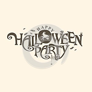 Happy Halloween Party  logo with and a pretty Witch flies on a broomstick.