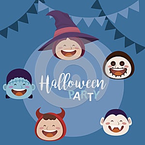 Happy halloween party with monsters heads characters and garlands