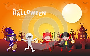 Happy halloween party poster, Cute Little group kids dressed in Halloween fancy dress to go Trick or Treating, paper art banner