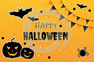 Happy Halloween party poster for october event invitation, orange background with scary pumpkin, flying black bats and spider.