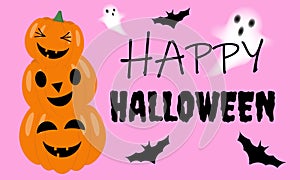 Happy Halloween party poster for october event, pink background with scary pumpkin, flying black bats and ghosts. Happy halloween