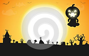 Happy halloween party poster, pumpkin silhouette under the moon,  halloween banner, halloween trick or Treating background