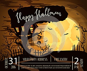 Happy Halloween party poster with spooky castle