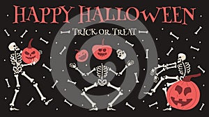 Happy halloween party poster. Spooky halloween skeleton with pumpkins festive banner vector background illustration