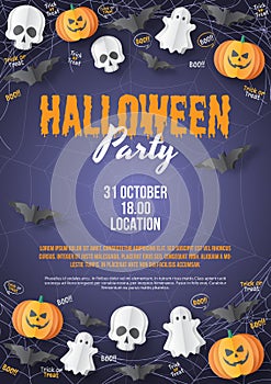 Happy Halloween party poster template. Paper cut style. Vector illusration