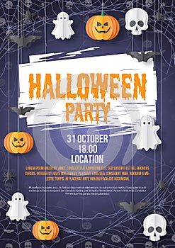 Happy Halloween party poster template. Paper cut style. Vector illusration