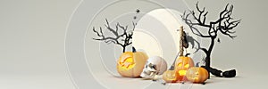 Happy Halloween party posters set with night clouds and pumpkins in cartoon illustration