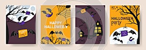 Happy Halloween party posters set with night trees and bats in flat style. Vector illustration. Full moon, spiders web