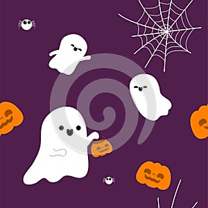 Happy halloween party seamless pattern with cute ghosts trick or Treating background Holidays cartoon character flat style Vector