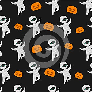 Happy halloween party seamless pattern with cute mummy trick or Treating background Holidays cartoon character flat style Vector