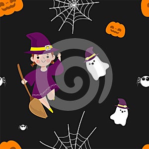 Happy halloween party seamless pattern with cute witch trick or Treating background Holidays cartoon character flat style Vector