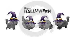 Happy Halloween party set of black cat wearing witch hat watercolor trick or Treating hand drawn isolated on white background