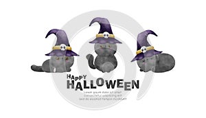 Happy Halloween party set of black cat wearing witch hat watercolor trick or Treating hand drawn isolated on white background