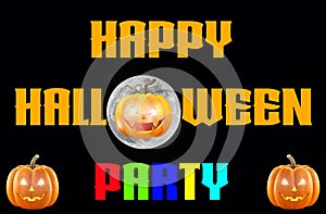 Happy Halloween Party - A spooky Halloween Party banner with a scary vampire pumpkin with glowing eyes, in front of the moon