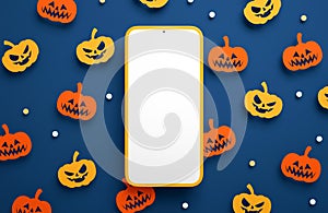 Happy Halloween phone mockup blank screen on a paper pumpkins background in 3D rendering. Happy Halloween mobile phone app