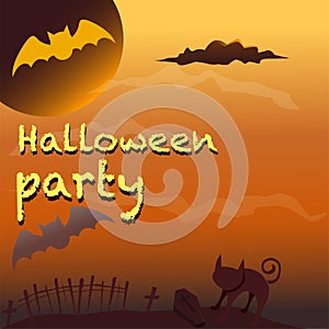 Happy Halloween postcard banner or party invitation background with clouds, bats. Full moon in the sky