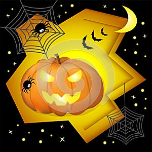 Happy Halloween postcard. Evil pumpkin with bats, spiders, web against the background of the night starry sky. Paper cut style