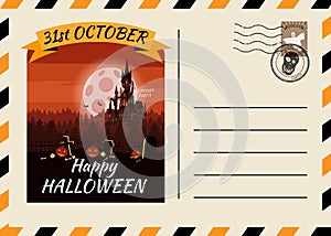 Happy Halloween Postcard invitation Dark Castle Cemetery template with Postage Stamp background design. Vector isolated
