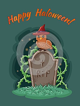 Happy halloween postcard. Owl with a hat sits on a tombstone in a cemetery. Vector illustration