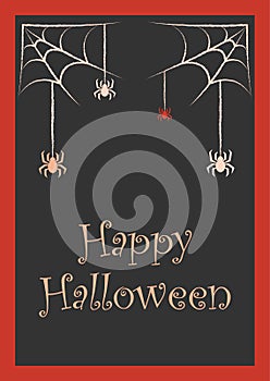 Happy Halloween postcard with spider webs and spiders on a dark background