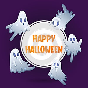Happy Halloween poster with cute ghosts on dark background. Trick or treat. Square shape. Colorful vector in cartoon style