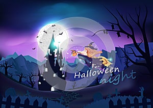 Happy halloween poster, cute witch flying to castle with night scene, fantasy and cartoon background vector illustration