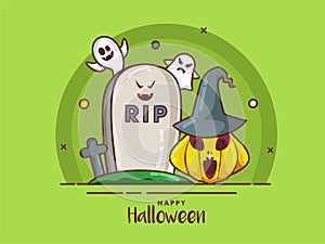 Happy Halloween Poster Design With RIP Stone, Cartoon Ghosts And Jack-O-Lantern Wearing Witch Hat On Green Background