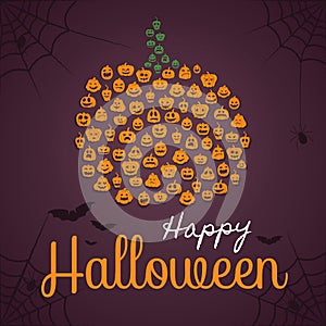 Happy Halloween poster, greeting card template. Pumpkin shape composed of pumpkin silhouettes with different expressions. Spiders,