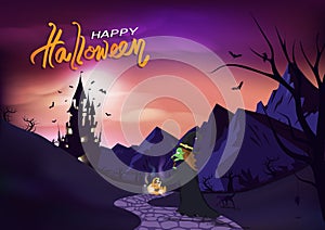 Happy Halloween, poster invitation greeting card, witch and cat walk to castle, fantasy concept horror story pink pastel