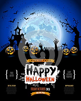 Happy Halloween poster, Invitation for party, Mix of Various Spooky Creatures, Moon and Castle, Vector Illustration