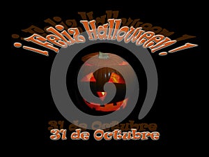 Happy Halloween poster with pumpkin, spanish