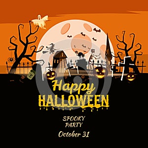 Happy Halloween poster, scary smiles pumpkins, night cemetery, haunted house, ghost, witch, black cat, full Moon. Vector