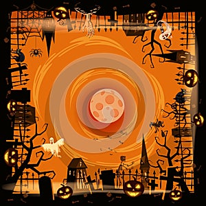 Happy Halloween poster, scary smiles pumpkins, night cemetery, haunted house, ghost, witch, black cat, full Moon. Vector