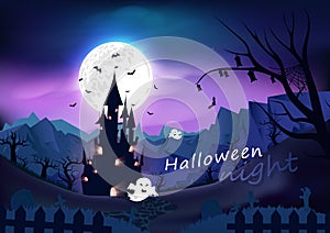 Happy halloween poster, spooky, fantasy and cartoon concept horror story, night scene abstract background vector illustration