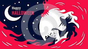Happy Halloween poster with a witch who make a fiery brew