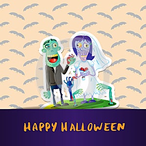 Happy Halloween poster with zombie wedding couple