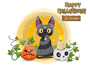 Happy Halloween pumpkin, cat, skull, candle. Concept cartoon Halloween day elements. Vector clipart illustration