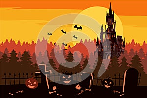 Happy Halloween pumpkin in the cemetery, black abandoned castle, gloomy autumn forest, panorama, sunset, crosses and