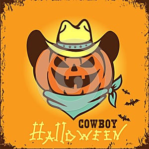 Happy Halloween Pumpkin cowboy with western hat and bandanna. Vector printable illustration with cowboy halloween text.