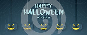 Happy Halloween, pumpkin head hanging, spider web, cobweb background