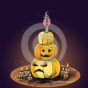 Happy halloween, pumpkin pyramid, owl in a cap, greeting card design, vector illustration