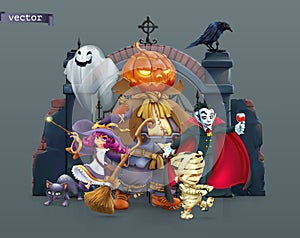 Happy Halloween. Pumpkin scarecrow, witch, mummy, vampire. 3d vector illustration