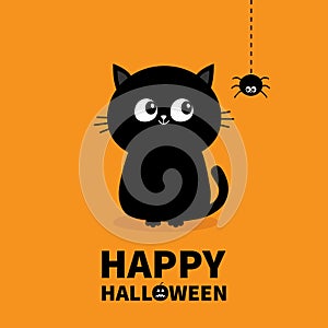 Happy Halloween. Pumpkin text. Black cat sitting silhouette looking at hanging spider insect. Dash line web. Cute cartoon characte