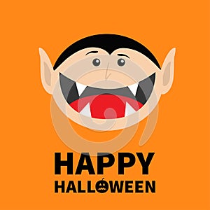 Happy Halloween pumpkin text. Count Dracula head face.