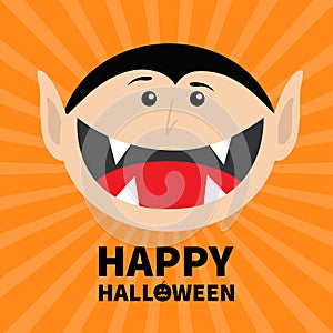 Happy Halloween pumpkin text. Count Dracula head face. Cute cartoon vampire character with fangs. Big mouth tongue. Baby greeting