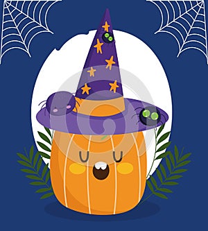 Happy halloween, pumpkin with witch hat spiders web trick or treat party celebration