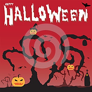 Happy Halloween pumpkins and Silhouette dry tree vector illustration background