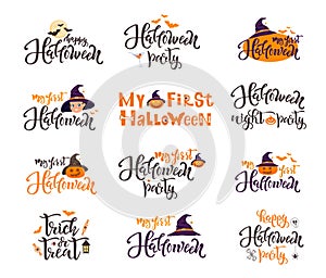 Happy Halloween quote set. Collection of vector illustrations lettering text. Pumpkin, skull, witches hat, candies, bats