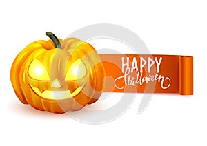 Happy Halloween realistic pumpkin and a ribbon message isolated